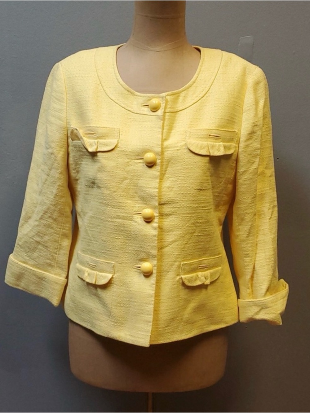 Classic Women's Vintage Butter Yellow Textured Button-Front Jacket